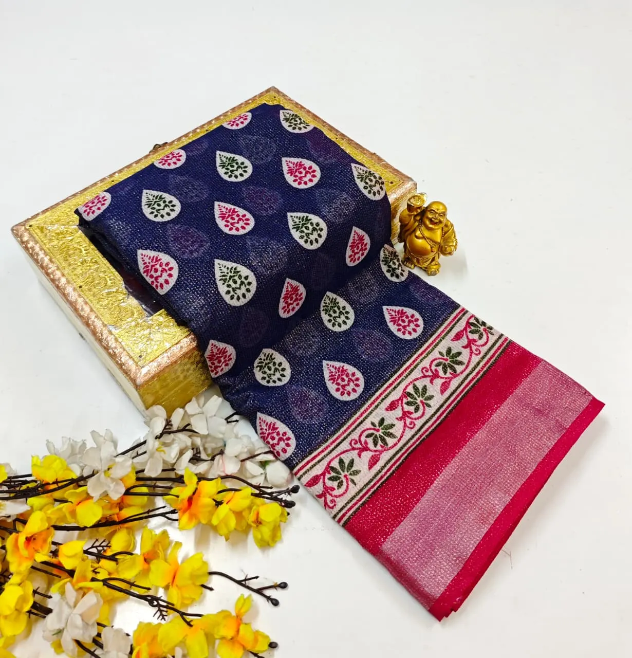 Navy Blue and Rani Pink with Leaf Buttas Shimmer Linen Cotton Saree